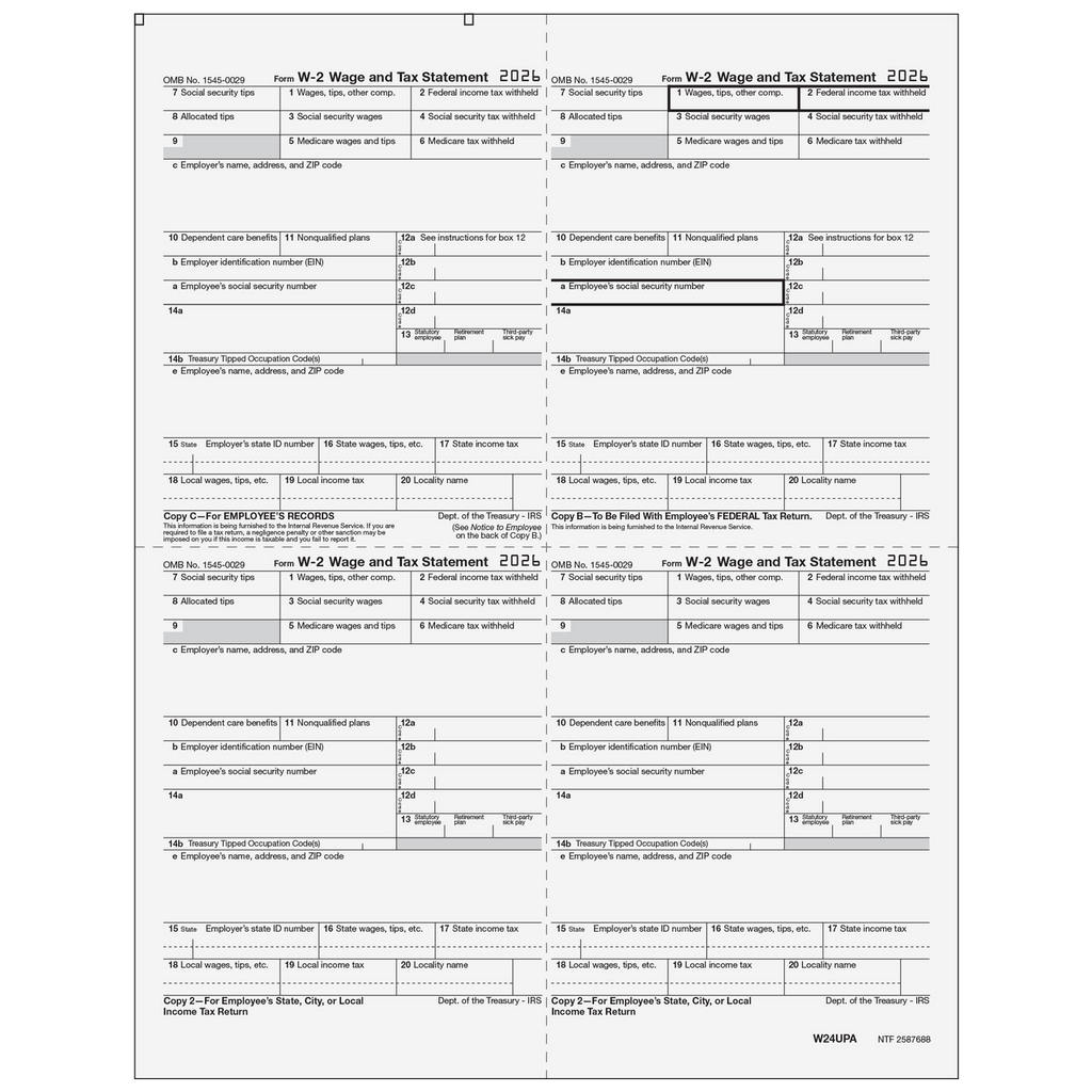 W-2, 4-Up Box, Employee Copy B,C,2,2 or Extra Copy (W Style)