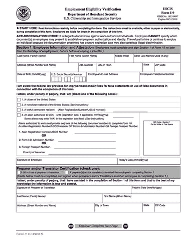 I-9 Employment Eligibility Verification Form, 1-Part