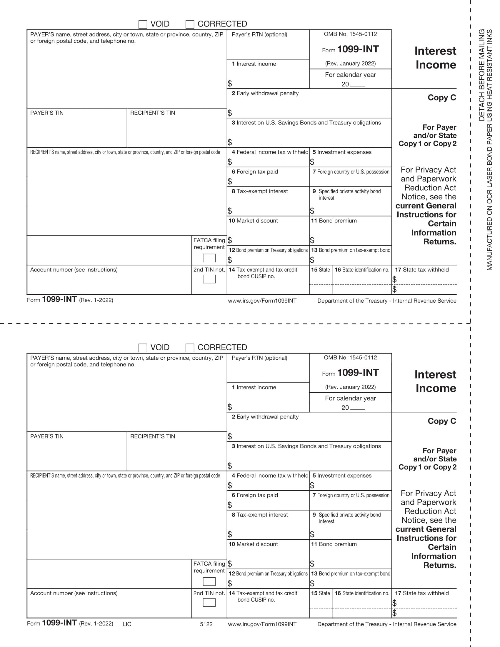 1099-INT, 2-Up, Payer or State Copy C – W-2TaxForms.com