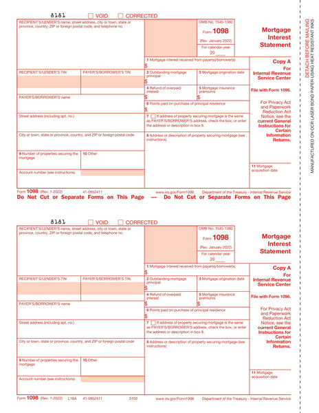 1098-Mortgage Interest, 2-Up, Fed Copy A – W-2TaxForms.com