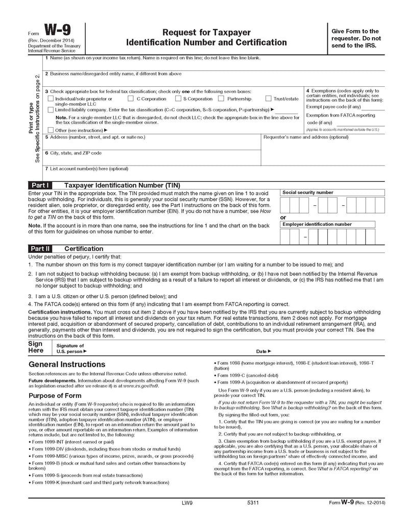 W-9 Payer Req Taxpayer ID - Laser – W-2TaxForms.com